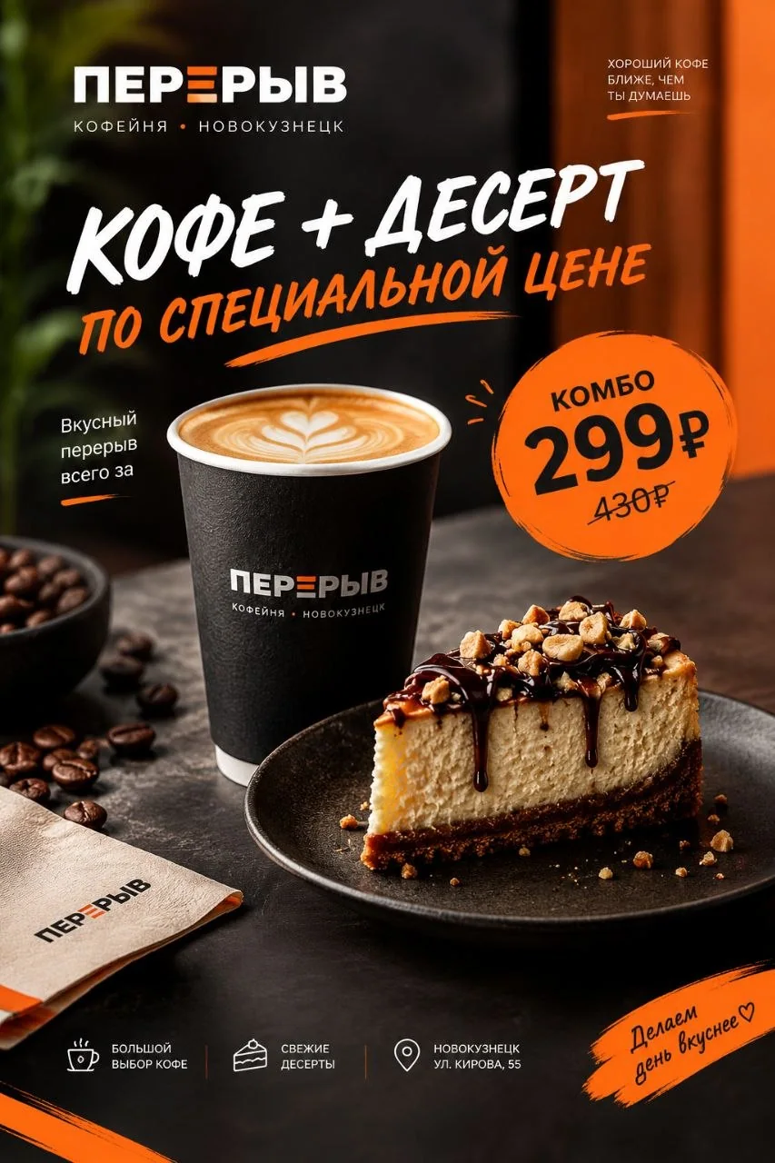 Рекламный макет: кофе и чизкейк, комбо за 299 ₽ вместо 430 ₽
