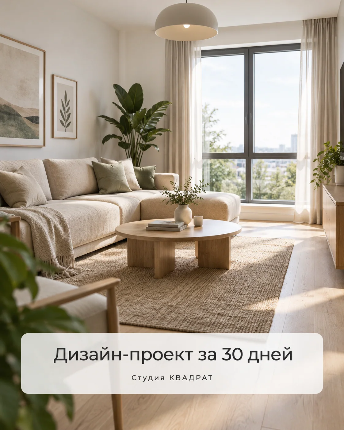 Светлая гостиная в скандинавском стиле с надписью «Дизайн-проект за 30 дней»